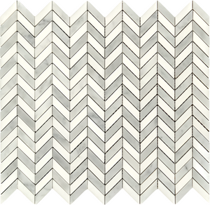 Mini Bianco Carrara & Thassos Chevron Mosaic tile sample
