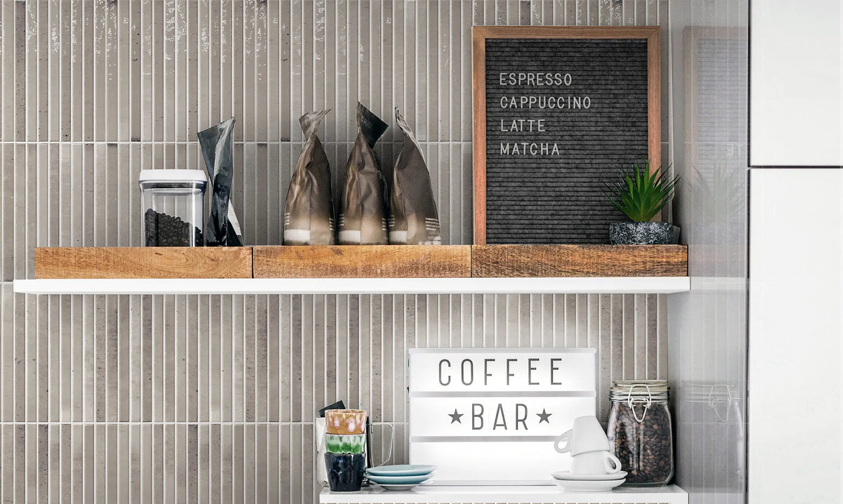 Cozy Ash 5x10 Polished Porcelain – gray glossy tile on a kitchen coffee bar wall