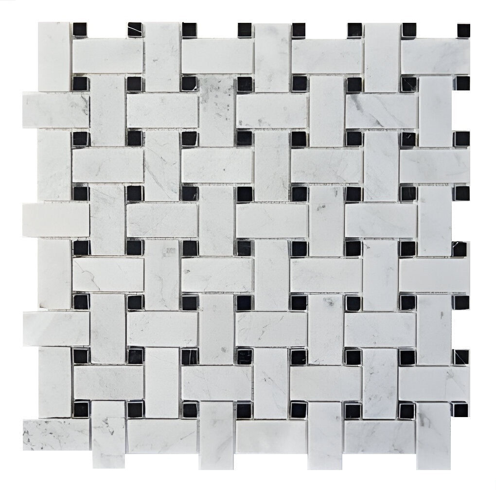 Basketweave Carrara with Black Dot tile sample